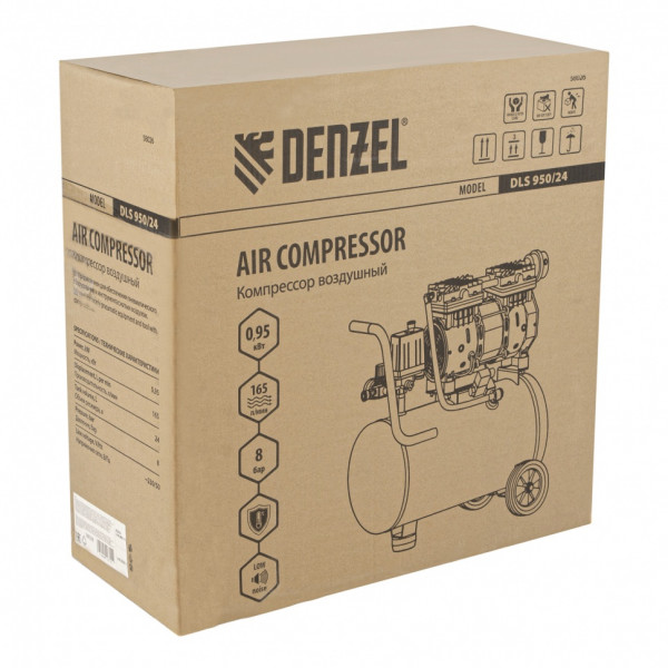 Компрессор DENZEL DLS950/24 безмаслянный малошумный 950 Вт, 165 л/мин, ресивер 24 л