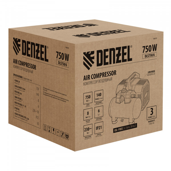 Компрессор DENZEL  DLS750/6 безмасляный малошумный 750 Вт, 140 л/мин,ресивер 6 л