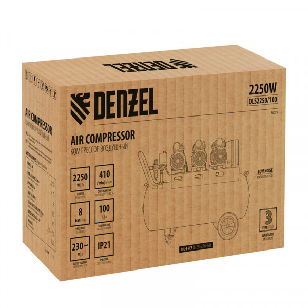 Компрессор безмасляный, малошумный DENZEL DLS 2250/100, 2250 Вт, 3x750, 100 л, 410 л/мин блок управления