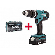 Аккум. ударная дрель-шуруповерт MAKITA HP 457 DWE в чем. + Набор бит 47 шт. (B-36170) (18.0 В, 2 акк., 1.5 А/ч Li-Ion, 2 скор., 42 Нм, шурупы до 13 мм
