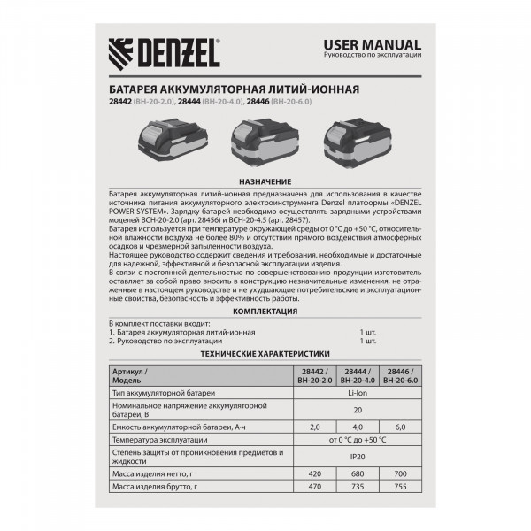 Батарея аккумуляторная BH-20-2.0, Li-Ion, 20 В, 2,0 Ач// Denzel