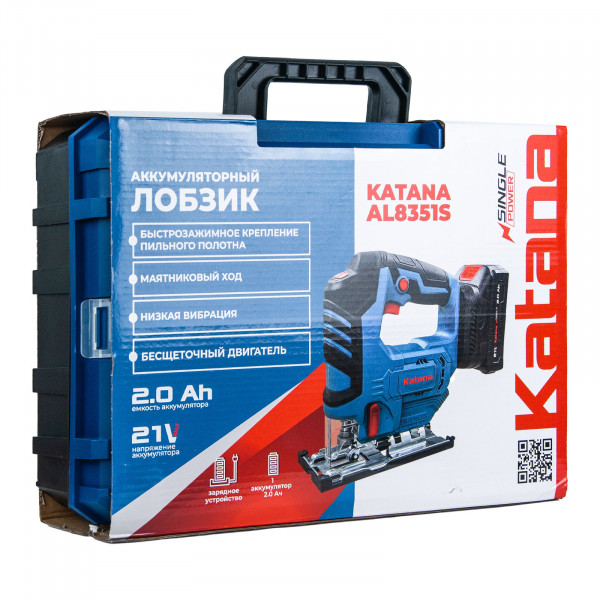 KATANA AL8351S.00 Лобзик аккумуляторный KATANA AL8351S (Бесщеточный, 21В, 1 акк, 2Ач, пропил до 65мм, SDS, маятн. ход,