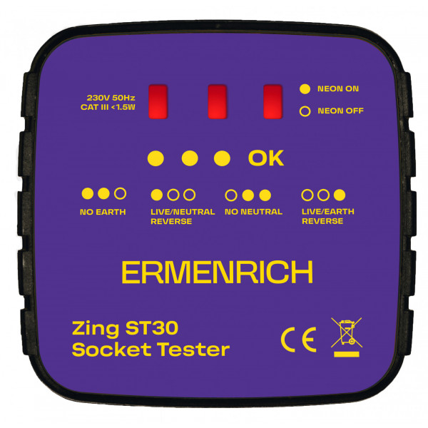 ERMENRICH 83818 Тестер розетки Ermenrich Zing ST30 (50Гц, 230В, класс перенапряжения III 300В, фиолетовый)