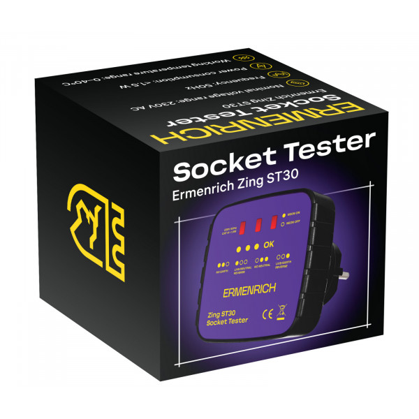 ERMENRICH 83818 Тестер розетки Ermenrich Zing ST30 (50Гц, 230В, класс перенапряжения III 300В, фиолетовый)