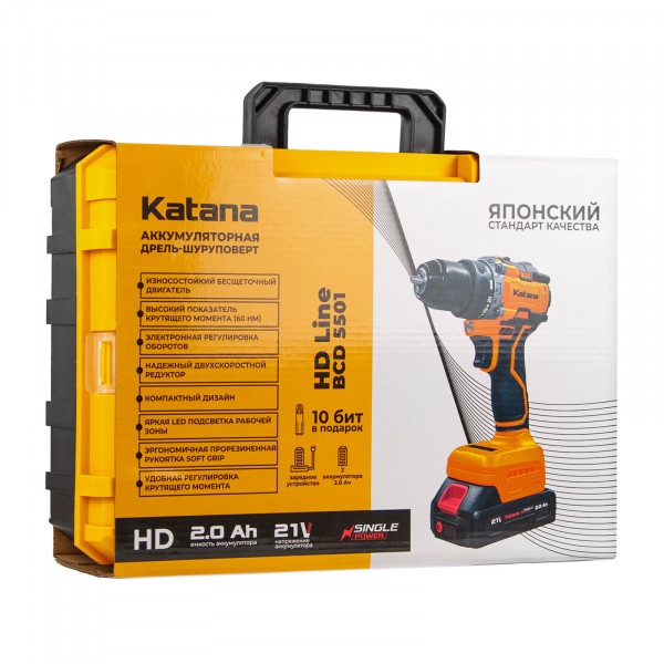 KATANA KBCD5501.00 Дрель-шуруповерт аккумуляторный Katana HD Line BCD5501 (21В,Бесщеточн.,2акк,2А/ч,Li-ion,10бит,кейс)