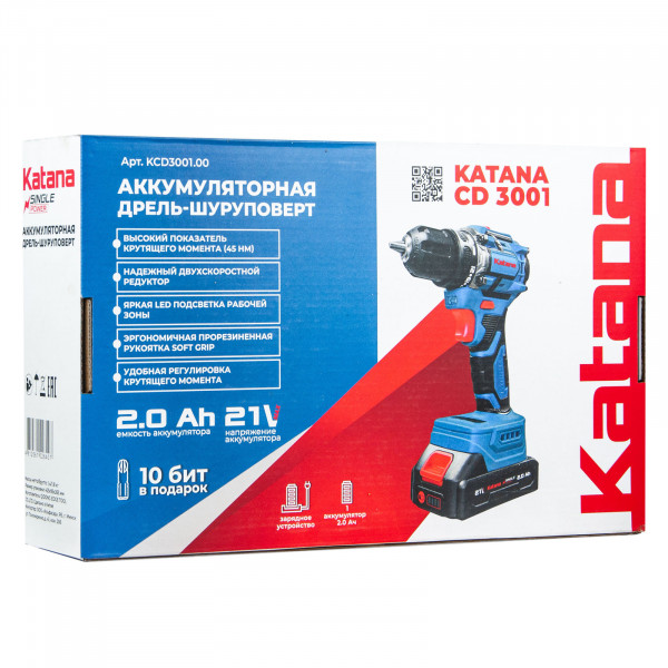 KATANA KCD3001.00 Дрель-шуруповерт аккумуляторный Katana CD3001 (21В,Бесщет.,1акк,2А/ч,Li-ion,10 бит,кор.)