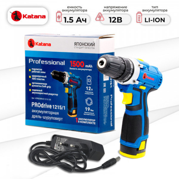KATANA KPROdrive12151.00 Дрель-шуруповерт аккумуляторный KATANA PROdrive 1215/1 в кор. (12В,1 акк,1,5 А/ч,Li-ion,2 ск, 19 Нм)