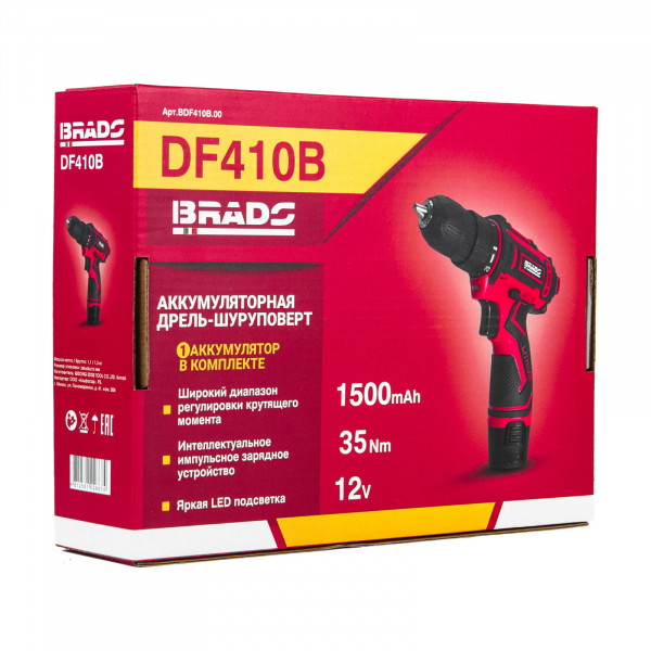 BRADO BDF410B.00 Дрель-шуруповерт аккумуляторный BRADO DF410B в коробке (12В, 1 акк, 1,5 А/ч Li-ion, 2 ск, 35 Нм)