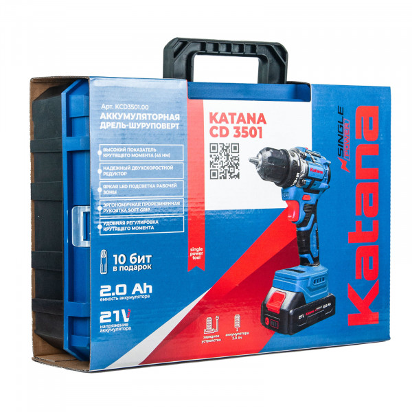 KATANA KCD3501.00 Дрель-шуруповерт аккумуляторный Katana CD3501 (21В,Бесщеточн.,2акк,2А/ч,Li-ion,10бит,кейс)