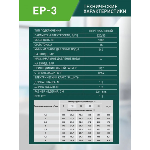 Oasis EP-3 Водонагреватель проточный Oasis EP-3 (3,3кВт, 1,2
