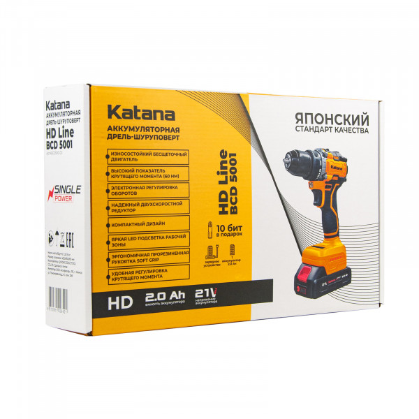 KATANA KBCD5001.00 Дрель-шуруповерт аккумуляторный Katana HD Line BCD5001 (21В,Бесщет.,1акк,2А/ч,Li-ion,10 бит,кор.)