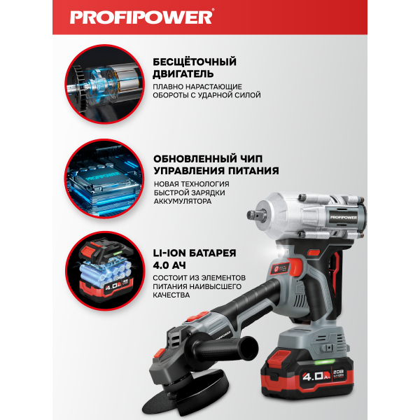 Аккумуляторный бесщеточный E0286 НАБОР 2в1 PROFIPOWER ProfiSet-2H20