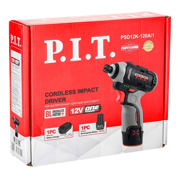 PIT PSD12K-120A/1 Винтоверт IMPACT аккум. бесщёточный P.I.T. PSD12K-120A/1 (12В, 120Нм, 3 ск, HEX 1/4