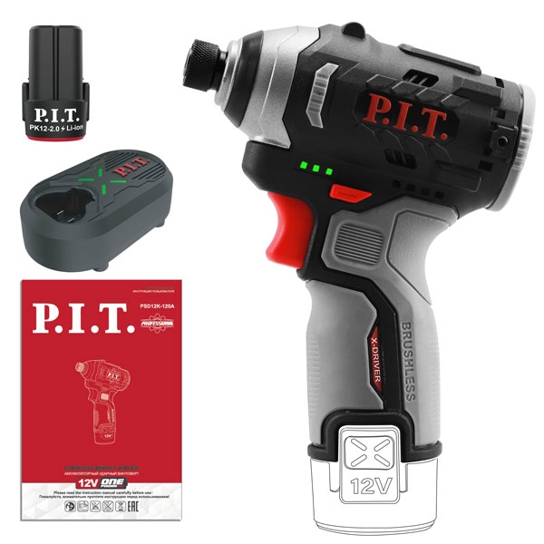 PIT PSD12K-120A/1 Винтоверт IMPACT аккум. бесщёточный P.I.T. PSD12K-120A/1 (12В, 120Нм, 3 ск, HEX 1/4