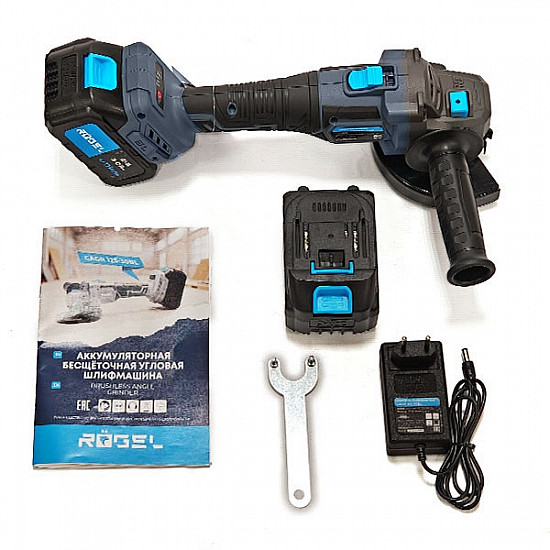 RÖGEL CAGR 125-30BL Аккумуляторная бесщёточная углошлифмашина RÖGEL, 21 В, 4500/5500/6500 об/мин, 3.0 Ач, 2 АКБ, кейс