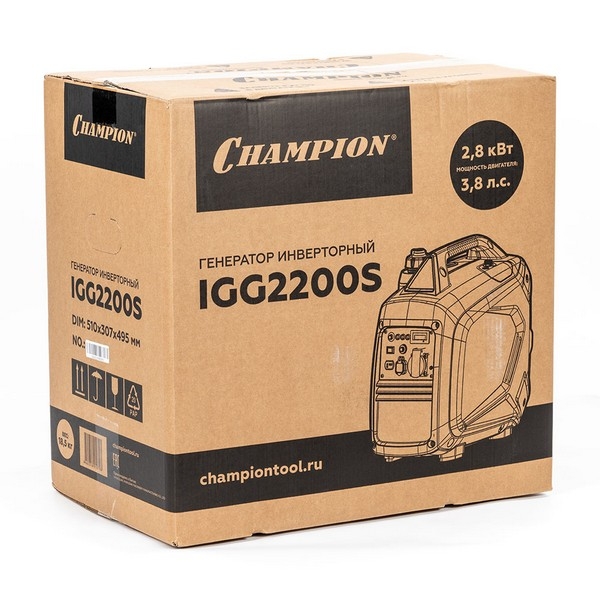CHAMPION IGG2200S Генератор инверторный CHAMPION IGG2200S (2,2/2,4 кВт, 3,8лс, 4л, 18,5кг, закрытый корпус)