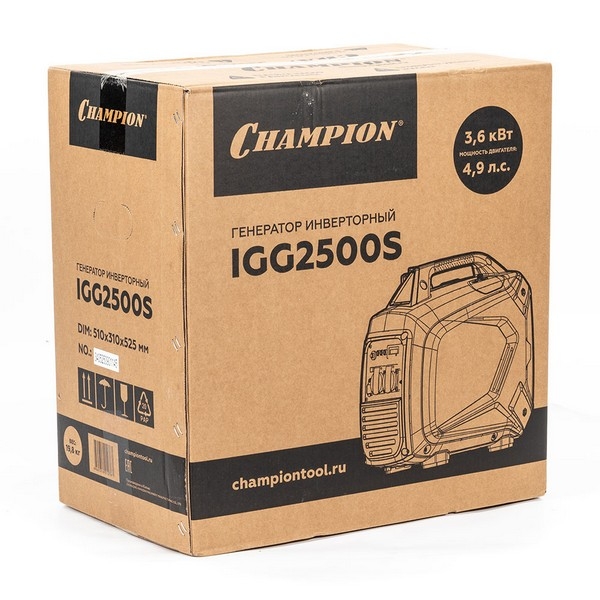 CHAMPION IGG2500S Генератор инверторный CHAMPION IGG2500S (2,5/2,8 кВт, 4,9лс, 4л, 19,8кг, закрытый корпус)