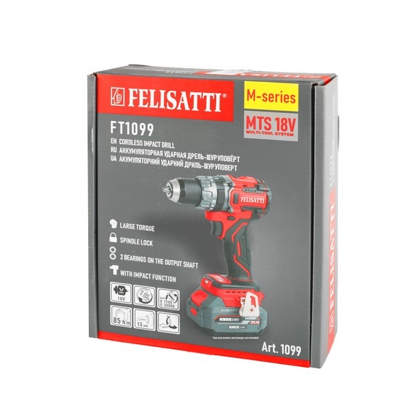 Felisatti FT1099 Felisatti Аккумуляторная ударная дрель-шуруповерт,18 В, 85 НМ, 0-480 / 0-2000 об/мин, без АКБ и З/У