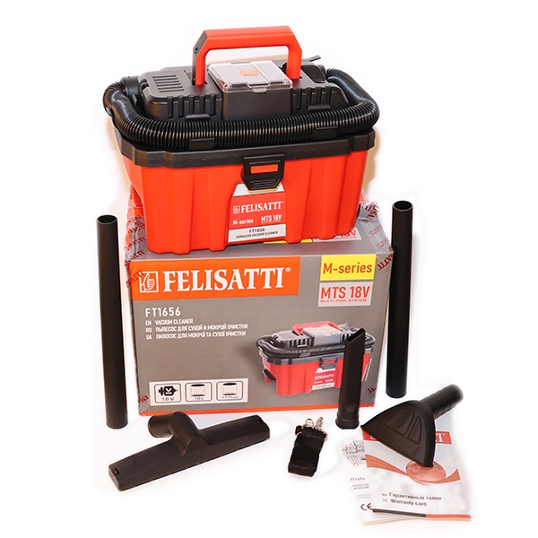 Felisatti FT1656 Felisatti Аккумуляторный пылесос (картон, без аккум.), 18 В, 14А, бак 10 л, 15 мбар, бесщеточный двигатель