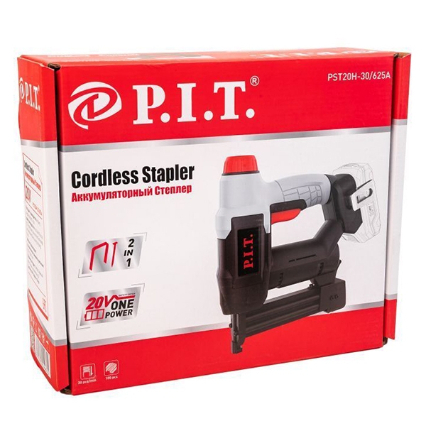 PIT PST20H-30/625A Степлер аккумуляторный, 20В, ск-ть раб. 20шт/мин, магаз. 100шт, скоб. 5,7мм, гвозди 2мм. LED-подсветка. Без АКБ и ЗУ.