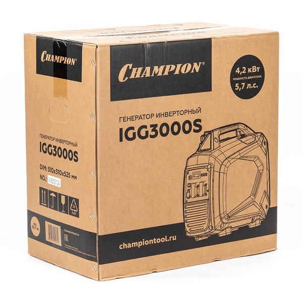 CHAMPION IGG3000S Генератор инверторный CHAMPION IGG3000S (3/3,3 кВт, 5,7лс, 4л, 20,7кг, закрытый корпус)