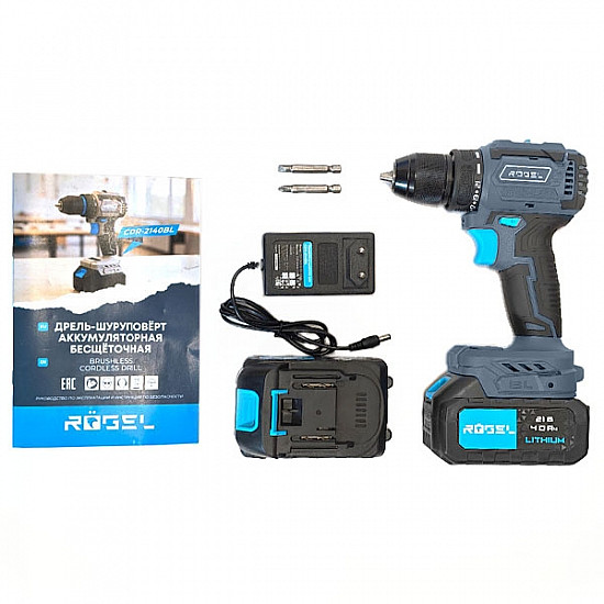 RÖGEL CDR-2140BL Дрель-шуруповёрт бесщёточная аккумуляторная RÖGEL, 21 В, 0-450/0-1450 об/мин, металл. патрон, 4.0 Ач, 50 Нм, 2 АКБ, кейс