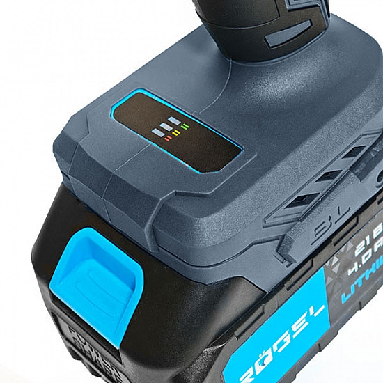RÖGEL CDR-2140BL Дрель-шуруповёрт бесщёточная аккумуляторная RÖGEL, 21 В, 0-450/0-1450 об/мин, металл. патрон, 4.0 Ач, 50 Нм, 2 АКБ, кейс