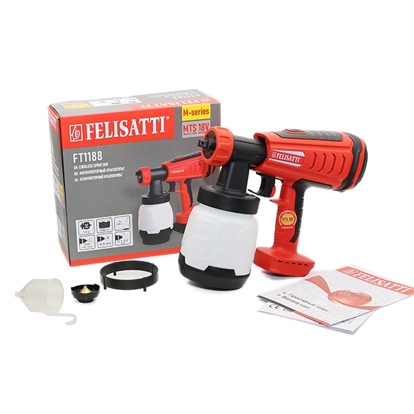 Felisatti FT1188 Felisatti Аккумуляторный краскопульт (картон, без аккум.), 18В, 1000 мл/мин, 120DIN, 800мл, бесщеточный двигатель