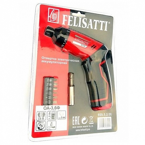 Felisatti ОА-3,6Ф Felisatti Аккумуляторная отвертка (блистер), 3.6В, Li-ion, 210 об/мин, 5 Н*м, НЕХ 1/4