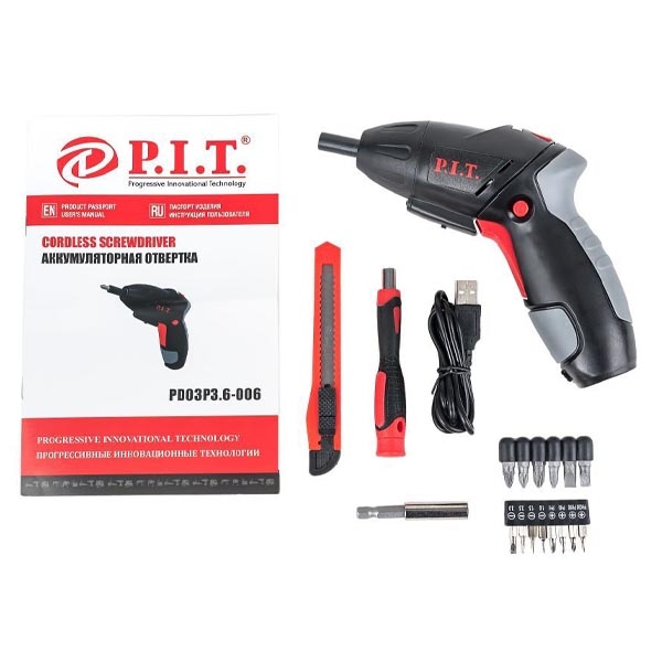 PIT PD03P3,6-006 Отвертка аккумуляторная, 3,5Нм, 1.3Ач, биты 15шт., пов. рук., USB зарядка