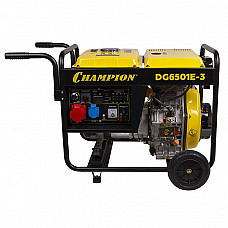 CHAMPION DG6501E-3 Генератор дизельный 6,2/6,8 кВт., 8,9 л.с.,бак 12,5 л., 1,7 л/ч, 12V., эл.старт,колеса, счетчик