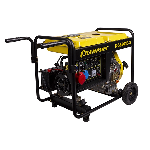 CHAMPION DG6501E-3 Генератор дизельный 6,2/6,8 кВт., 8,9 л.с.,бак 12,5 л., 1,7 л/ч, 12V., эл.старт,колеса, счетчик