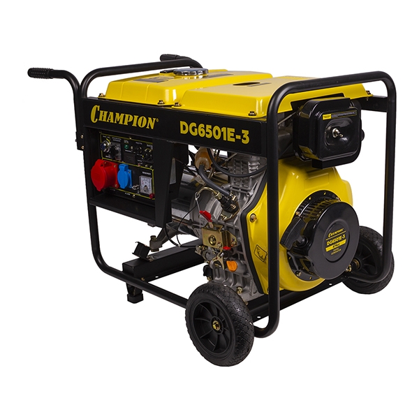 CHAMPION DG6501E-3 Генератор дизельный 6,2/6,8 кВт., 8,9 л.с.,бак 12,5 л., 1,7 л/ч, 12V., эл.старт,колеса, счетчик