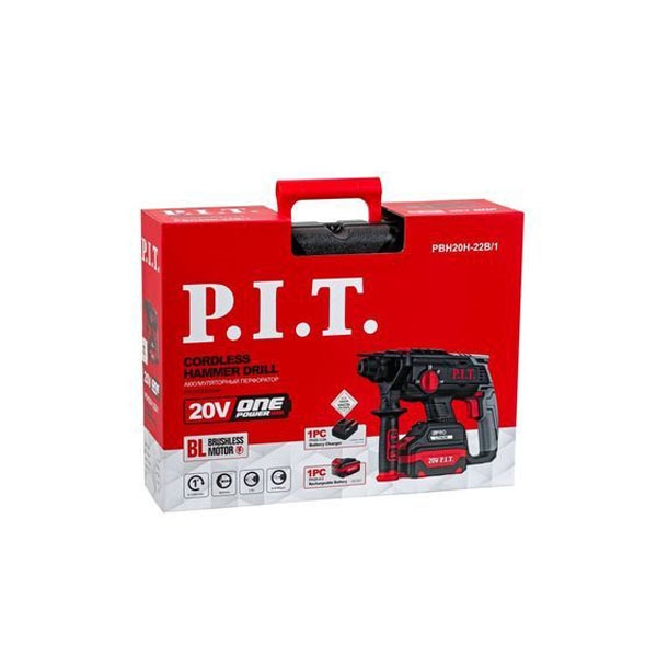 PIT PBH20H-22B/2 Перфоратор аккумуляторный бесщеточный, 20 В, 22 мм, 1,8 Дж, 3-х реж, 2 АКБ 4 Ач, ЗУ, кейс PIT
