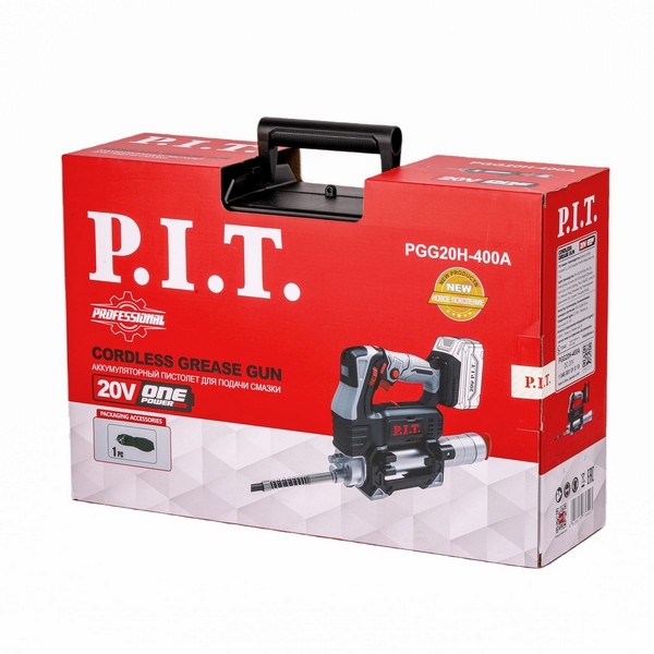 PIT PGG20H-400A Пистолет смазочный аккум. P.I.T., 20В, 450г, 2ск. 100/300г/мин, 340/680атм, шланг 1,2м