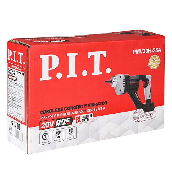 PIT PMV20H-25A Вибратор для бетона аккум. SOLO, 20В, Ø25мм, 3100об/мин, 6200вибр/мин, булава1,5м