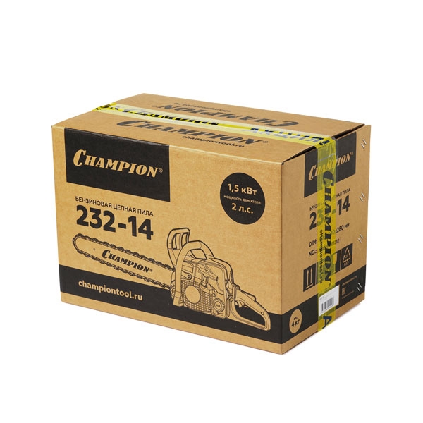 CHAMPION A232-14 Бензиновая цепная пила, 1,5 кВт, 31,8 см3, 14"-3/8-1,3-50E + подарок: масло для цепи 1л; свеча; цепь; масло для 2-тактных двигателей 0,1л.