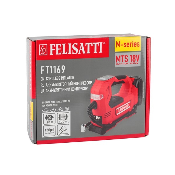 Felisatti FT1169 Felisatti Аккумуляторный автомобильный компрессор (картон, без аккум.), 18В, давление воздуха 1.03 Мпа