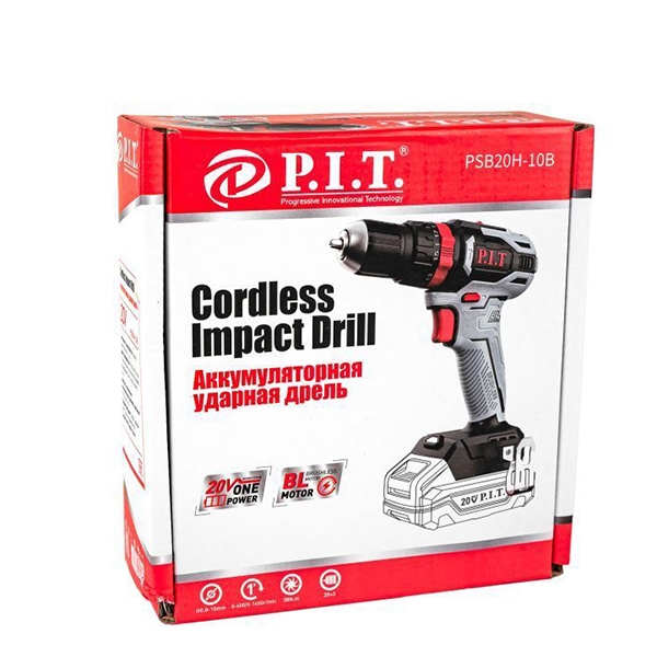 PIT PSB20H-10B Дрель ударная бесщеточная аккумуляторная, Li-ion, 20В.,38 Нм.,патр.0.8-10мм.,0-450/0-1450 об/мин. Без АКБ и ЗУ.