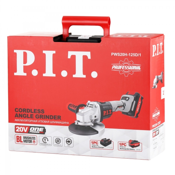 PIT PWS20H-125D/1 Шлифмашина угловая аккум. бесщёточная P.I.T., 20 В, 125 мм, 3 ск, 1 акб 4,0 Ач, ЗУ, кейс