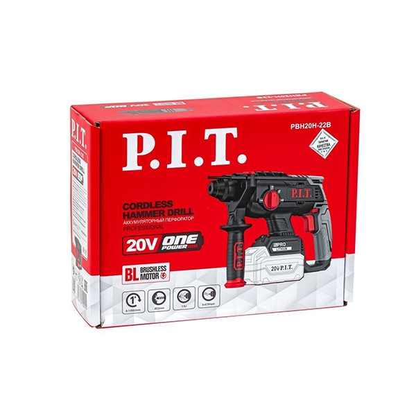 PIT PBH20H-22B Перфоратор аккумуляторный, 20 В, 22 мм, 1,8 Дж, 0-1350 об/мин, 0-4700 уд/мин. Без АКБ и ЗУ.