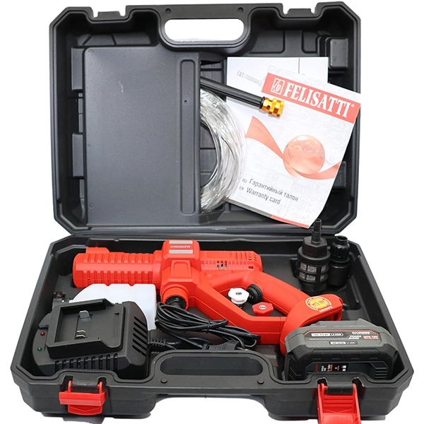 Felisatti FT16517 Felisatti Аккумуляторная мойка высокого давления (кейс, 1 аккум. 4,0Ач, ЗУ 4А), 18В, макс. расход 4,9 л/мин, давление 40 бар, бещет. двигатель