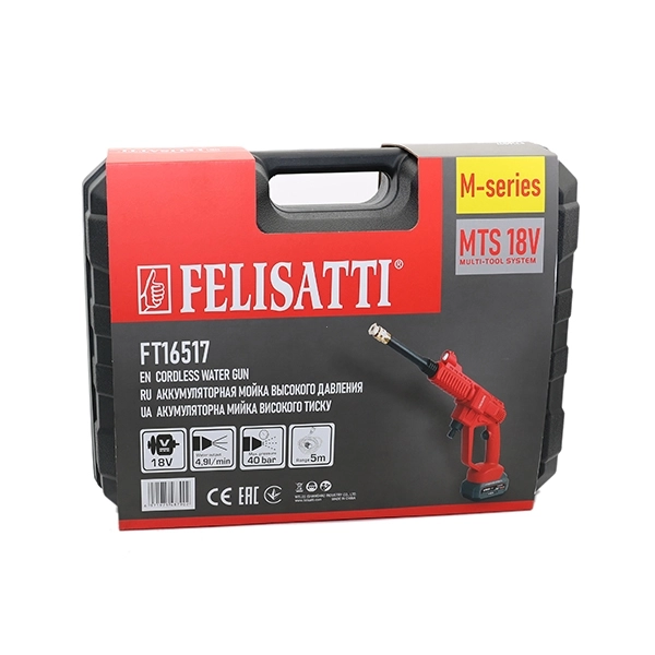 Felisatti FT16517 Felisatti Аккумуляторная мойка высокого давления (кейс, 1 аккум. 4,0Ач, ЗУ 4А), 18В, макс. расход 4,9 л/мин, давление 40 бар, бещет. двигатель