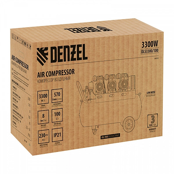 Компрессор безмасляный, малошумный Denzel DLS 3300/100, 3300 Вт,3x1100, 100 л, 570 л/мин ,блок управления