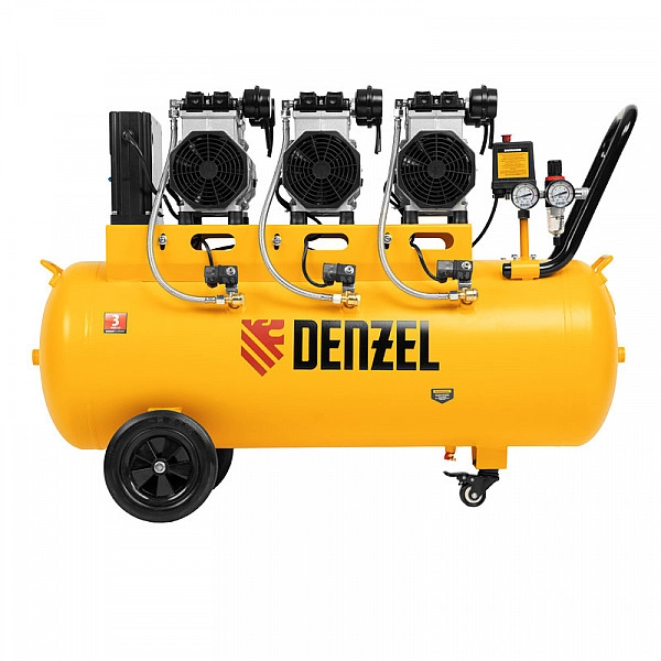Компрессор безмасляный, малошумный Denzel DLS 3300/100, 3300 Вт,3x1100, 100 л, 570 л/мин ,блок управления