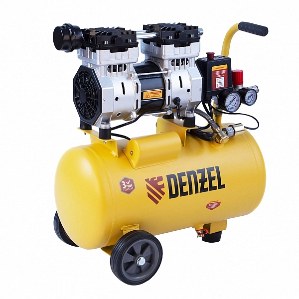 Компрессор Denzel DLS950/24 безмаслянный малошумный 950 Вт, 165 л/мин, ресивер 24 л