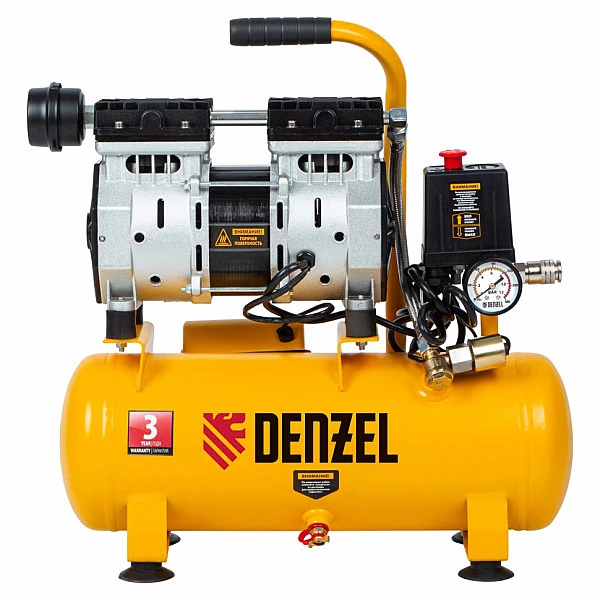 Компрессор Denzel DLS650/10 безмаслянный малошумный 650 Вт, 120 л/мин, ресивер 10 л