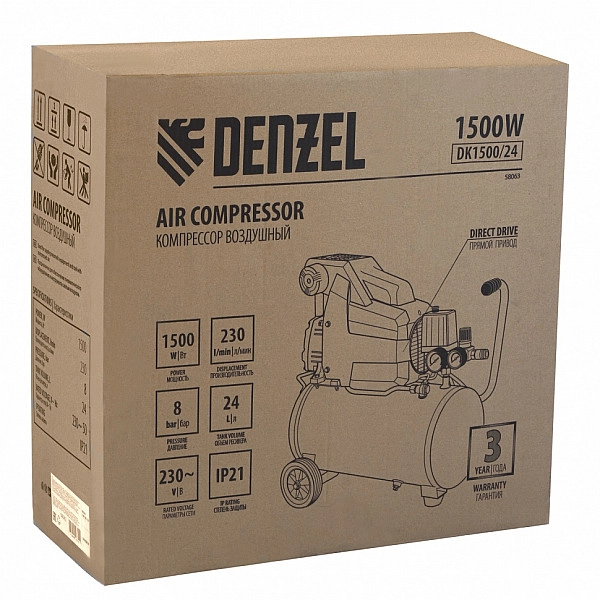 Компрессор воздушный Denzel DK1500/24, Х-PRO 1.5 кВт, 230 л/мин, 24 л