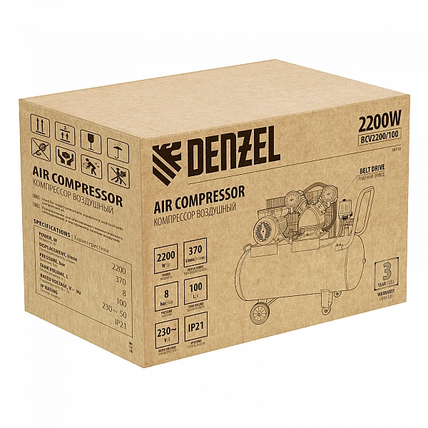Компрессор воздушный Denzel BCV2200/100, ременный привод, 2.2 кВт, 100 литров, 370 л/мин