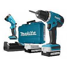 Аккум. дрель-шуруповерт MAKITA DF 347 DWLE в чем. + фонарь (14.4 В, 2 акк., 1.5 А/ч Li-Ion, 2 скор., 30 Нм, шурупы до 8 мм)
